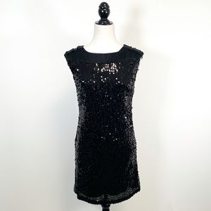 Jenny Han Black Sequin Shift Dress Sleeveless Satin Trim XS